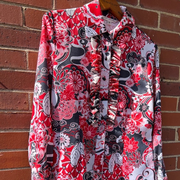 St John ruffled Pink and red flowered blouse, size 2 - Picture 2 of 7